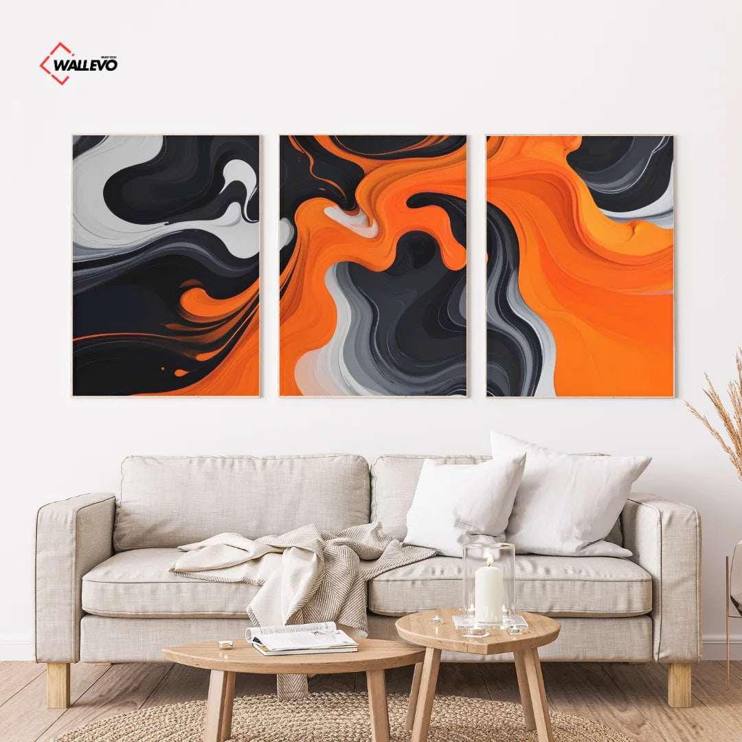 Balck Orange Abstract Line Art 3 Panel Wall Frame – Modern Triptych Wall Art
