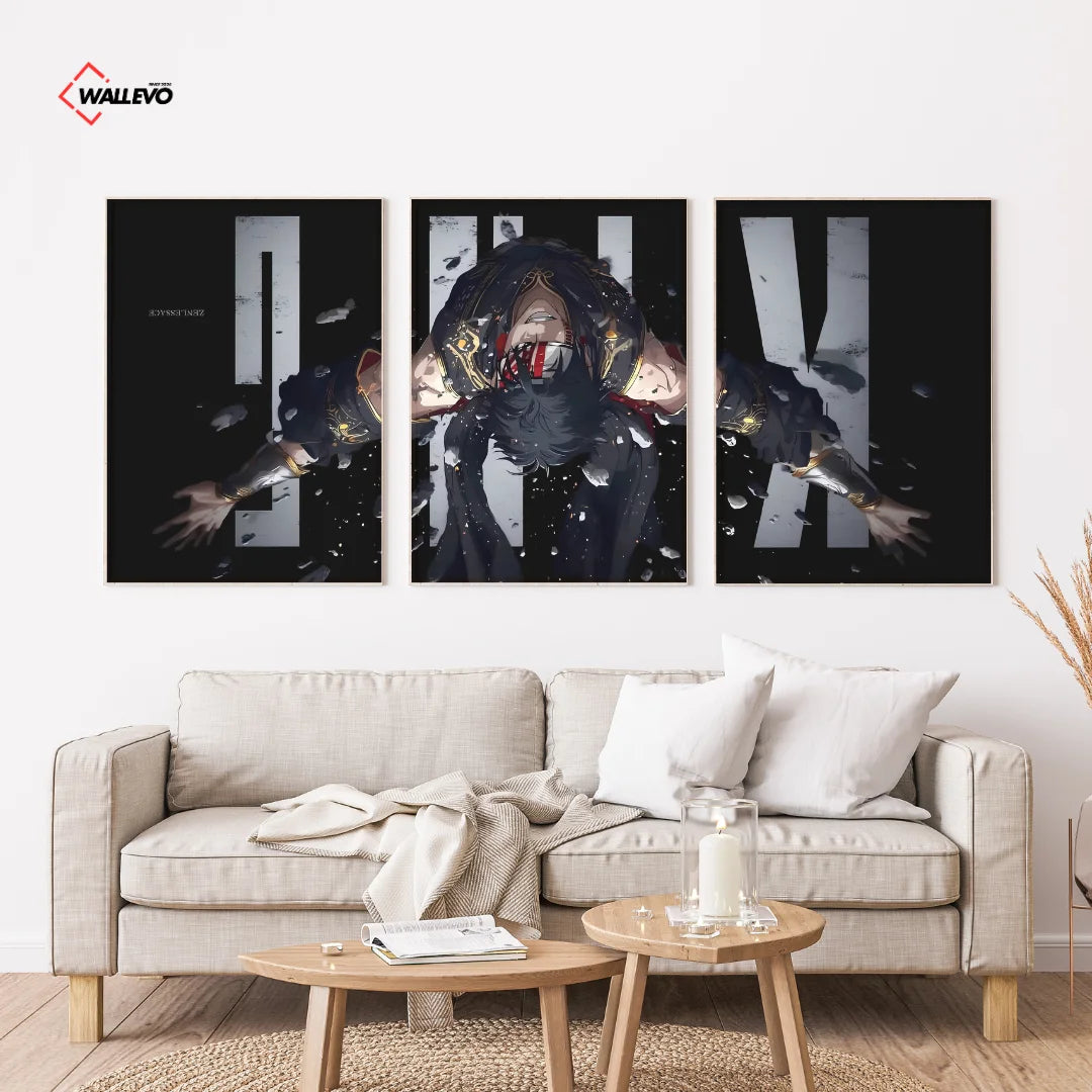 Dark Anime Warrior 3 Panel Wall Frame – Aesthetic Triptych Wall Art