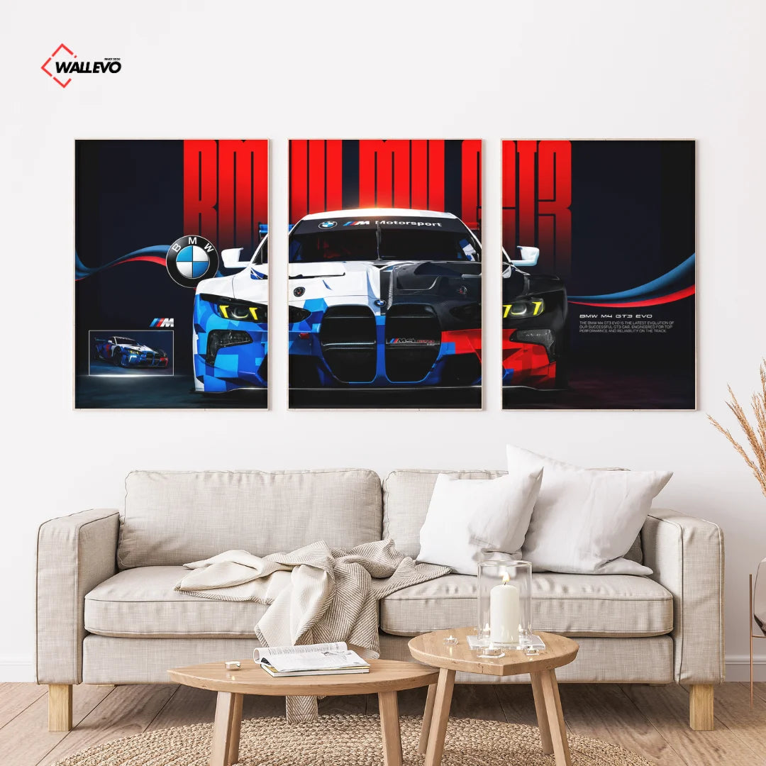 BMW M4 GT3 EVO 3 Panel Wall Frame – Motorsport Racing Triptych Art Set