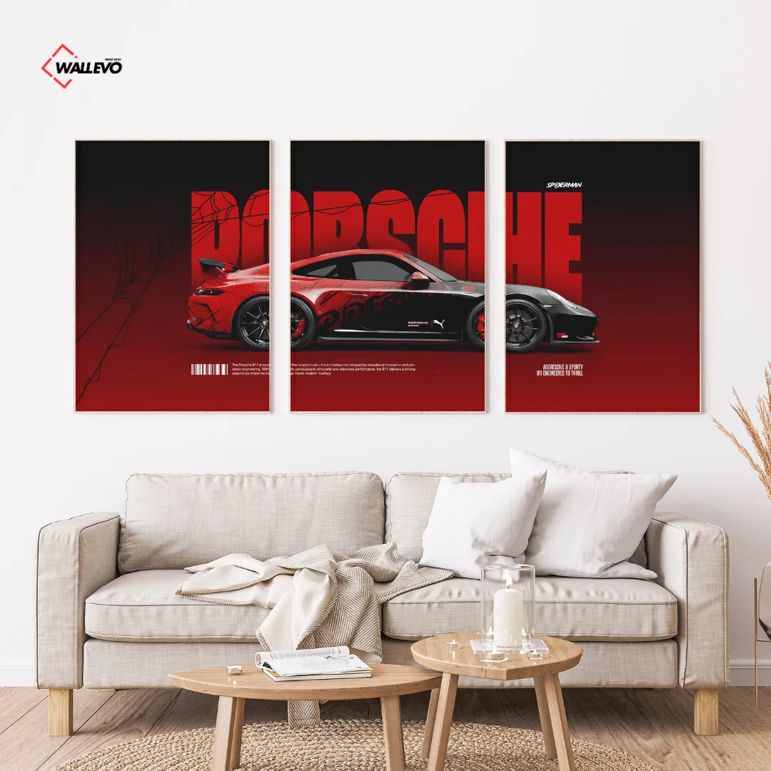 Red Porsche 911 GT3 RS 3 Panel Wall Frame – Luxury Sports Car Triptych Wall Art