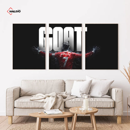 Cristiano Ronaldo GOAT 3 Panel Wall Frame – Football Legend Triptych Wall Art