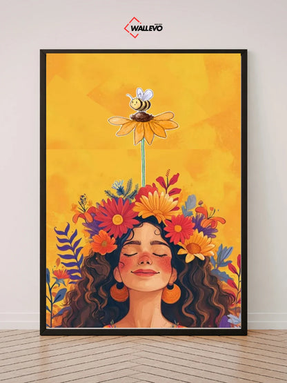 Golden Bloom – An Orange-Themed Girl with Flowers | Wall Frame