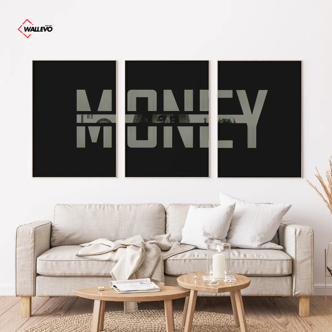Black Money Theme 3 Panel Wall Frame – Luxury Motivational Triptych Wall Art