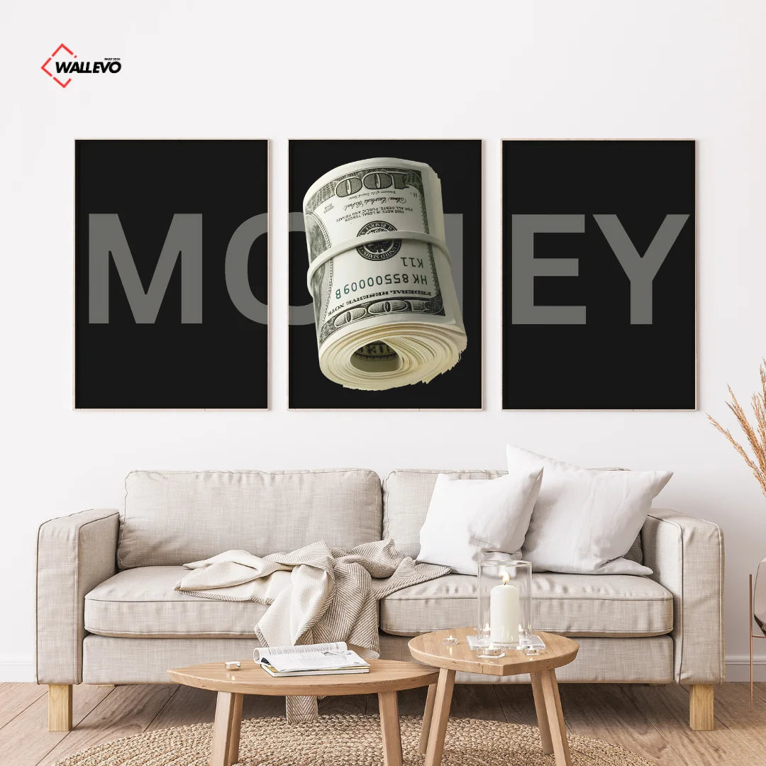 Black Money Theme 3 Panel Wall Frame – Luxury Motivational Triptych Wall Art