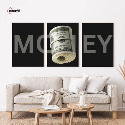 Black Money Theme 3 Panel Wall Frame – Luxury Motivational Triptych Wall Art