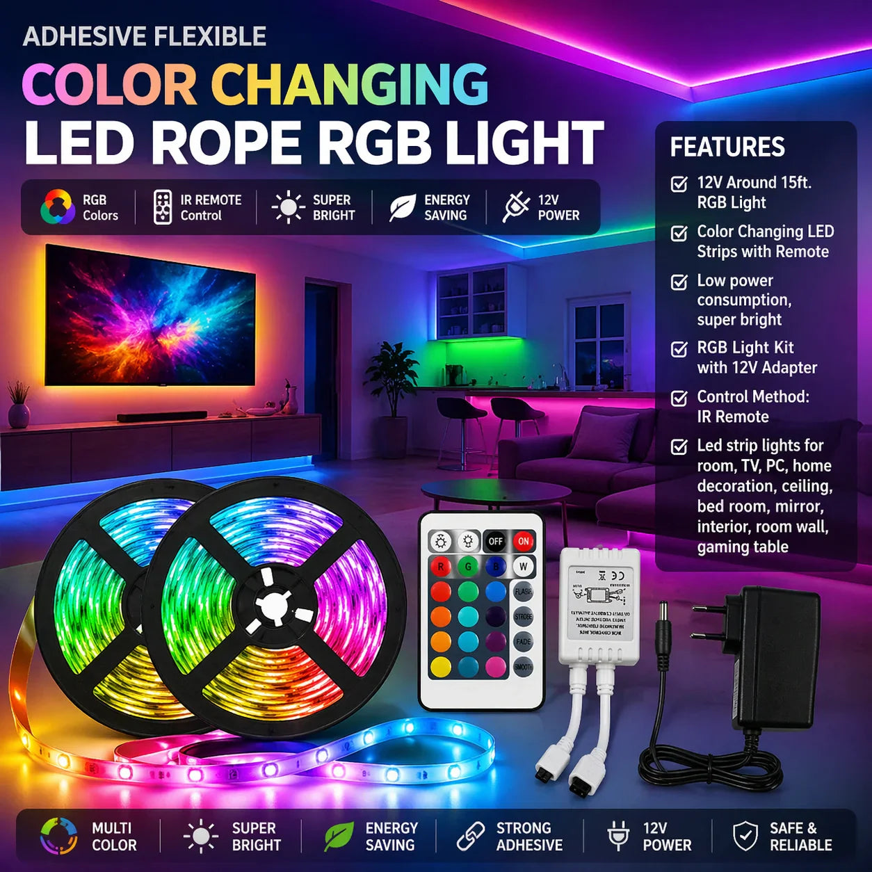 RGB LED STRIP LIGHT - Remote Control & Multi Color