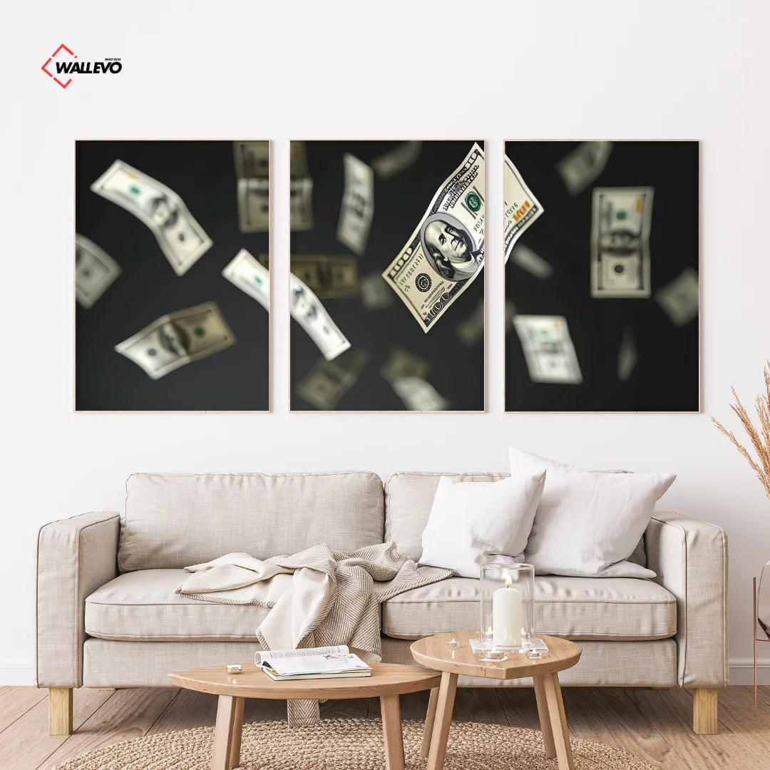 Black Money Theme 3 Panel Wall Frame – Luxury Motivational Triptych Wall Art