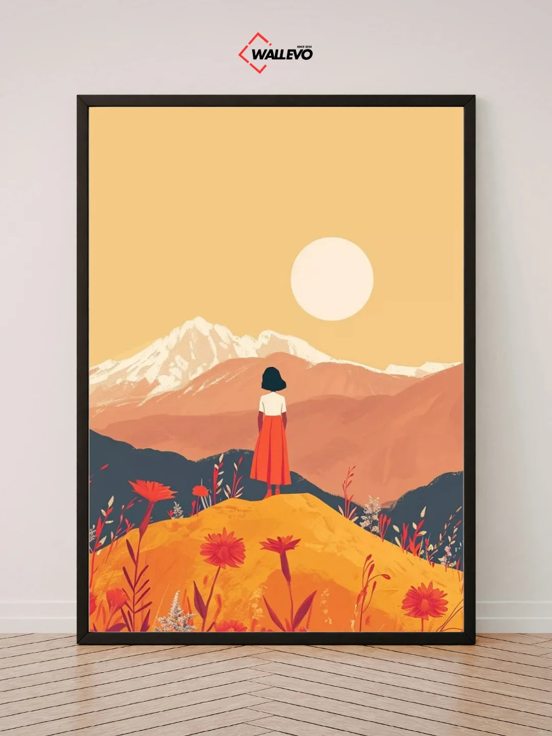 Golden Horizon – An Orange Aesthetic Girl in the Mountains at Sunset | Wall Frame