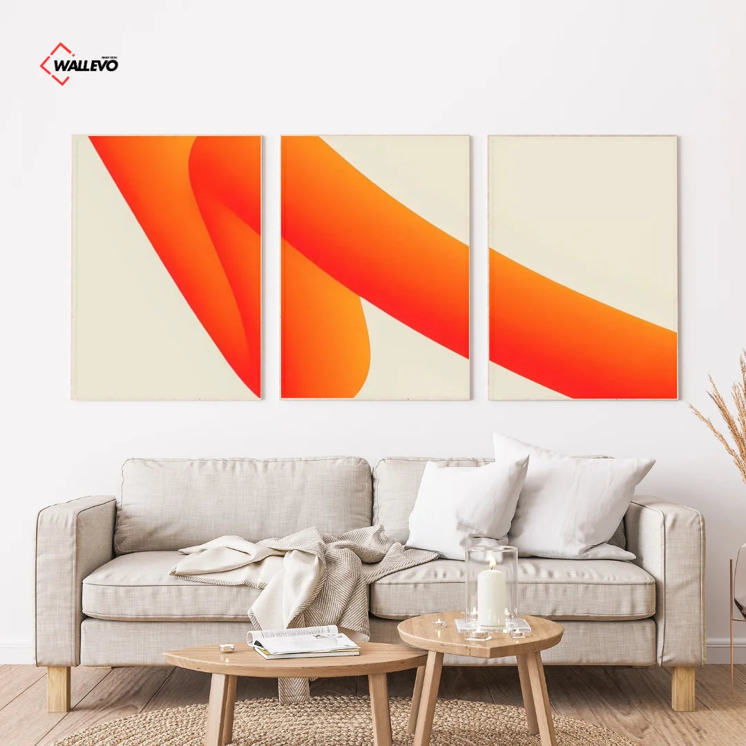 Orange Abstract Line Art 3 Panel Wall Frame – Modern Triptych Wall Art
