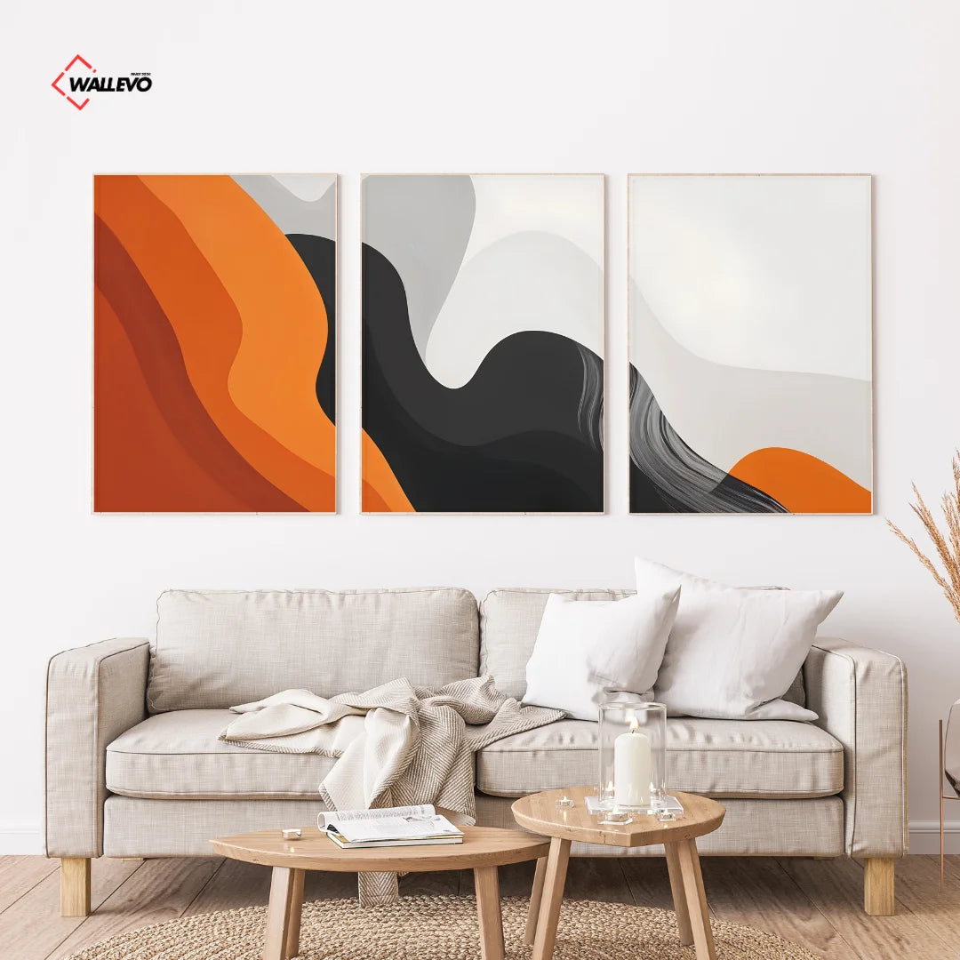 Orange Black Abstract Line Art 3 Panel Wall Frame – Modern Triptych Wall Art