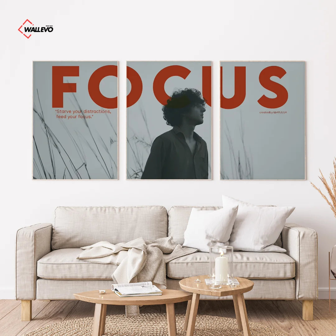 Focus Motivational 3 Panel Wall Frame – Modern Aesthetic Triptych Wall Art