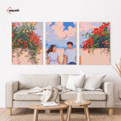 Couple Blossom Aesthetic 3 Panel Wall Frame – Romantic Triptych Wall Art