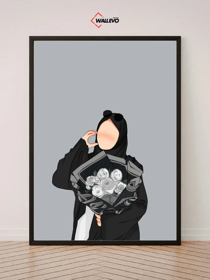 Hijabi Girl Holding a Bouquet – A Graceful & Elegant Wall Frame