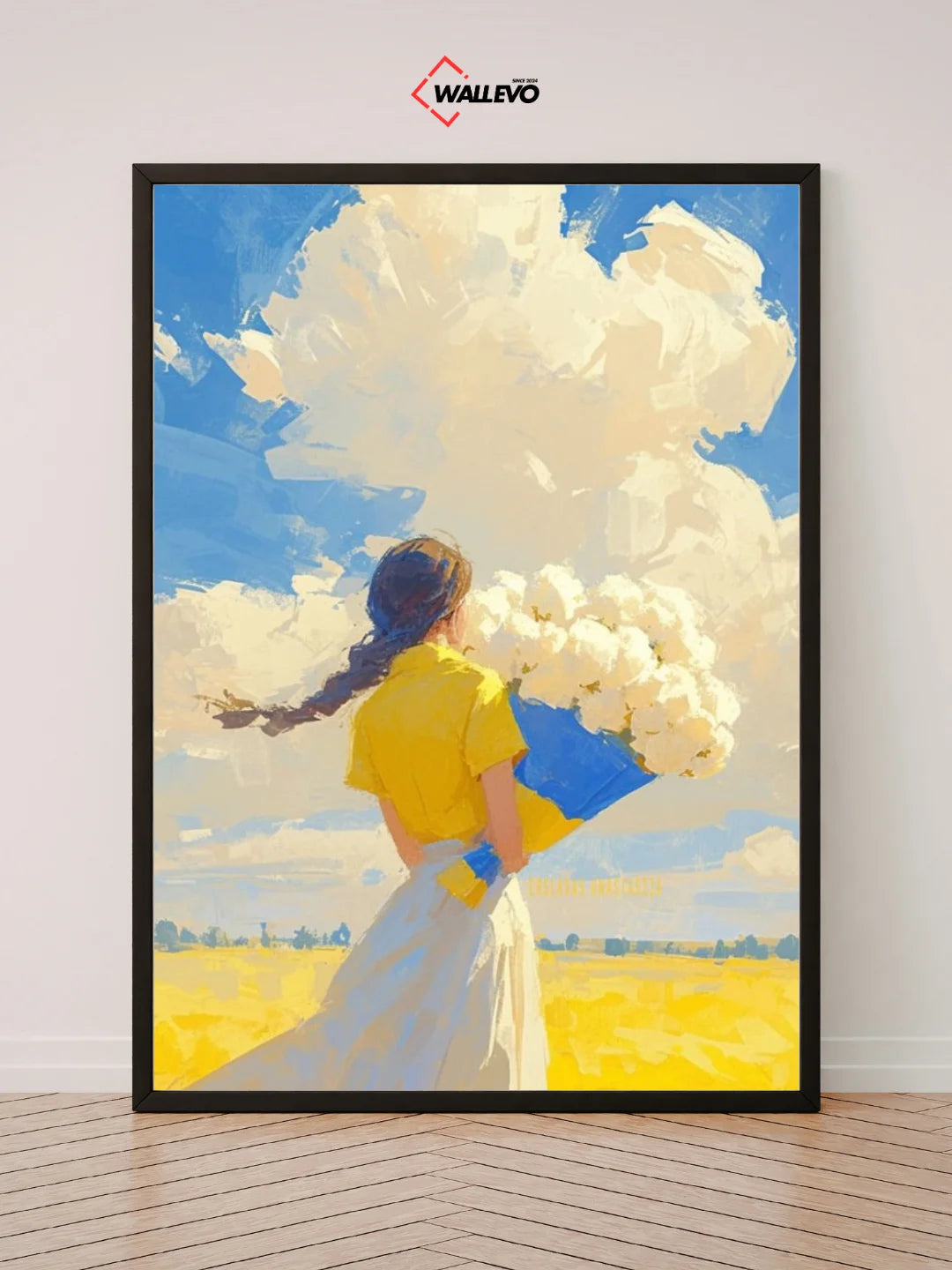 A Girl Holding a Bouquet Under a Beautiful Blue Sky & Clouds – Aesthetic Wall Frame