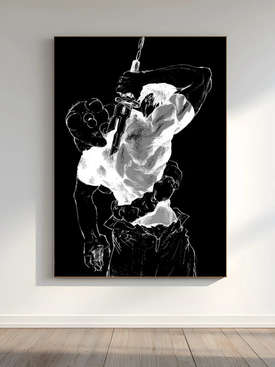 Black & White Samurai Anime Wall Frame – Sword Warrior Aesthetic Art