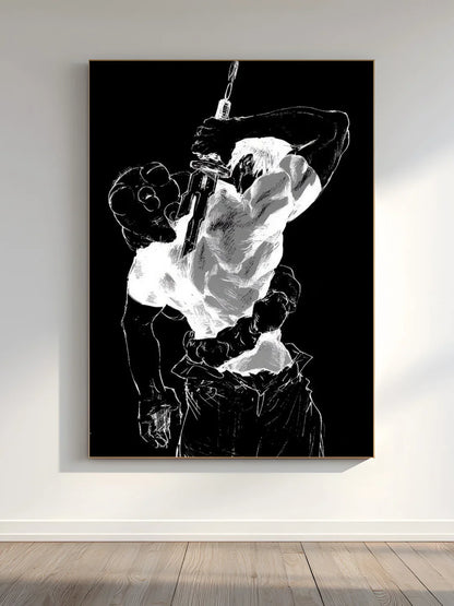 Black & White Samurai Anime Wall Frame – Sword Warrior Aesthetic Art