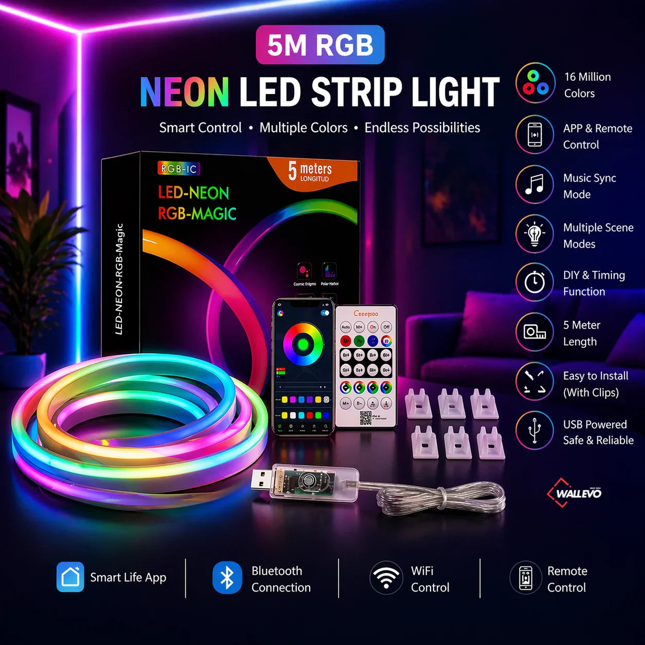 Magic RGB Neon Strip  - Remote & Mobile Control