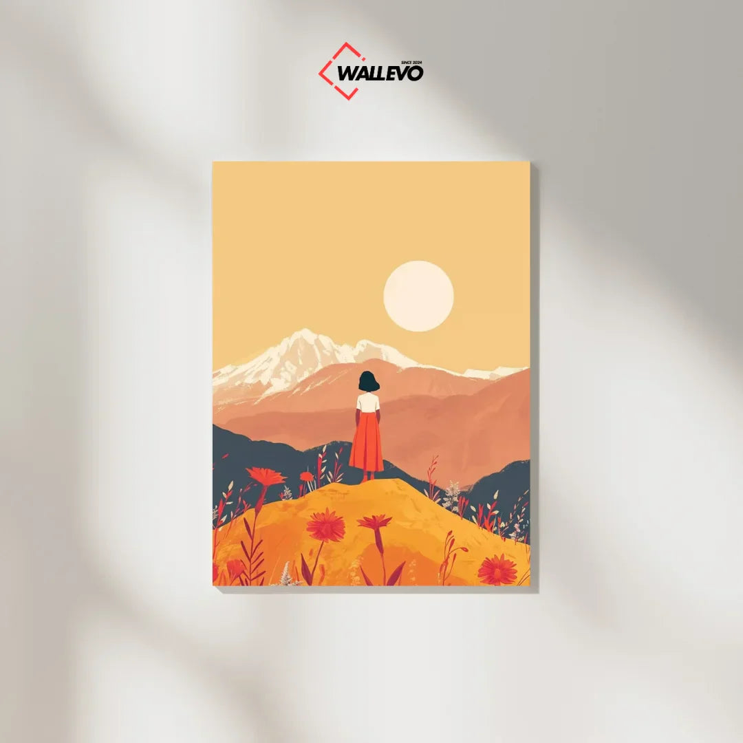 Golden Horizon – An Orange Aesthetic Girl in the Mountains at Sunset | Plywood Crystal Frame